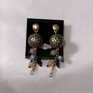 Artsy Brass Gold Tone Blue Tan Brown Green Beaded Earrings